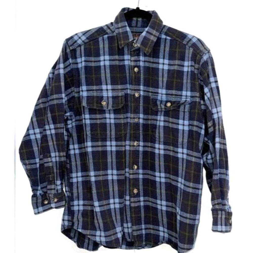 Moose Creek Mens Plaid Flannel Button-Up Shirt M Blue Green Cotton